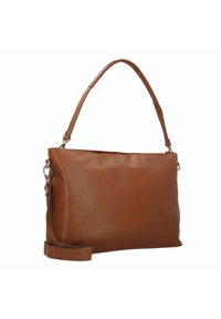 Bolso de cuero marrón con una textura suave, que cuenta con una sola correa para el hombro y una correa larga desmontable. Diseño minimalista, sin patrones visibles.