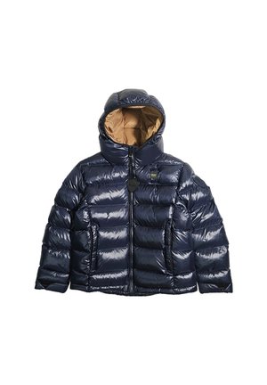 Giacca a vento blu navy con esterno lucido, chiusura con zip, cappuccio attaccato e fodera a contrasto color sabbia. Presenta sezioni imbottite e tasche laterali.