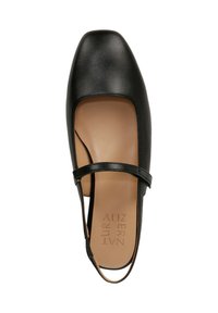 Zwarte leren schoen met een vierkante neus en enkelbandje. Glad oppervlak, minimalistisch ontwerp en beige binnenvoering met branding.