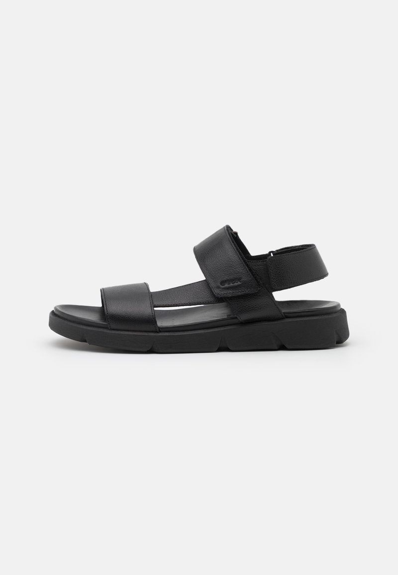 Black leather sandals featuring two wide straps, an adjustable ankle band, and a chunky black rubber sole with distinctive grooves.