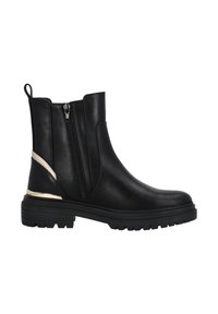 Botas negras hasta el tobillo de cuero suave, con cremallera lateral y acento metálico dorado. Suela de goma gruesa con dibujo texturizado para mayor agarre.