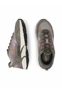 Gray and olive green sneakers with mesh and suede, purple accents, padded collar, and a white midsole. Rubber outsole with distinct tread pattern.