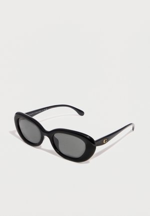 Occhiali da sole ovali neri con lenti scure e un logo "C" dorato sulla stanghetta, mostrati su uno sfondo bianco semplice.