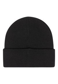 Black knit beanie hat with a folded cuff. Ribbed texture, rounded top, and smooth finish. Casual design suitable for cold weather.