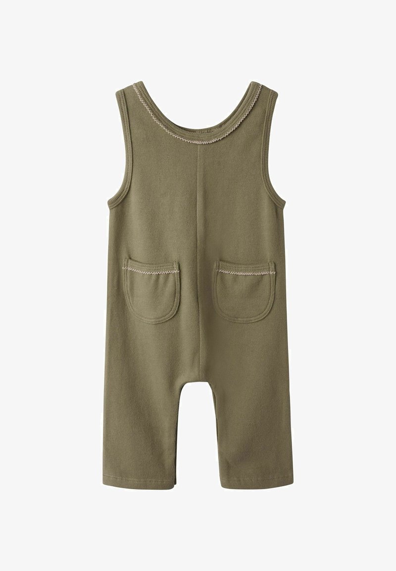 Olíva zöld overall puha anyagból, kerek nyakkivágással, két elülső zsebbél és varrott részletekkel a széleken és a zsebeknél.