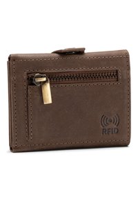 Brown RFID-blocking wallet made of leather, featuring a zippered pocket and embossed RFID logo, with visible stitching and a sleek design.
