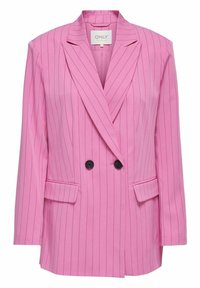Blazer rosa doppiopetto con righe verticali, rever a punta, due tasche frontali e bottoni neri. Tessuto con texture liscia.