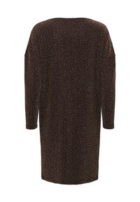 Ilga rankovė, iki kelių ilgio tamsiai rudos spalvos suknelė su blizgiu paviršiumi ir tiesia siluetu, rodoma iš nugaros ant balto fono.