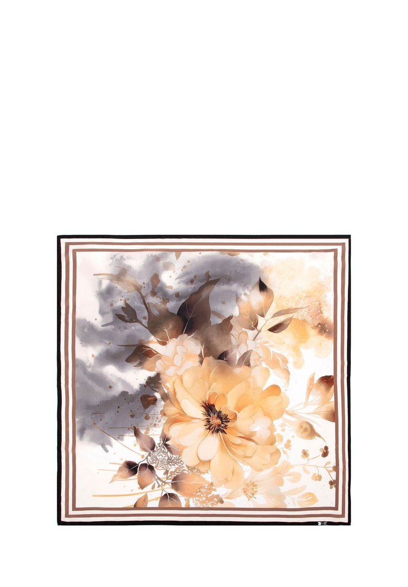 Zijden sjaal met een grote beige bloem en zachte grijstinten, omrand met bruine en witte strepen; gladde textuur, bloemenpatroon.