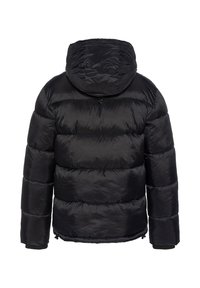 Giacca a piumino nera con cappuccio, design trapuntato, polsini elastici e finitura liscia e lucida. Comprende coulisse all'orlo.