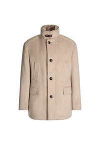 Beige wollen jack met een hoge kraag, vijf zwarte knopen en twee zijzakken. Het ontwerp heeft een rechte snit en minimalistische accenten.