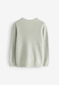 Maglione lavorato a maglia verde chiaro con colletto girocollo, texture a costine, maniche lunghe e vestibilità morbida. Nessun logo o motivo visibile.