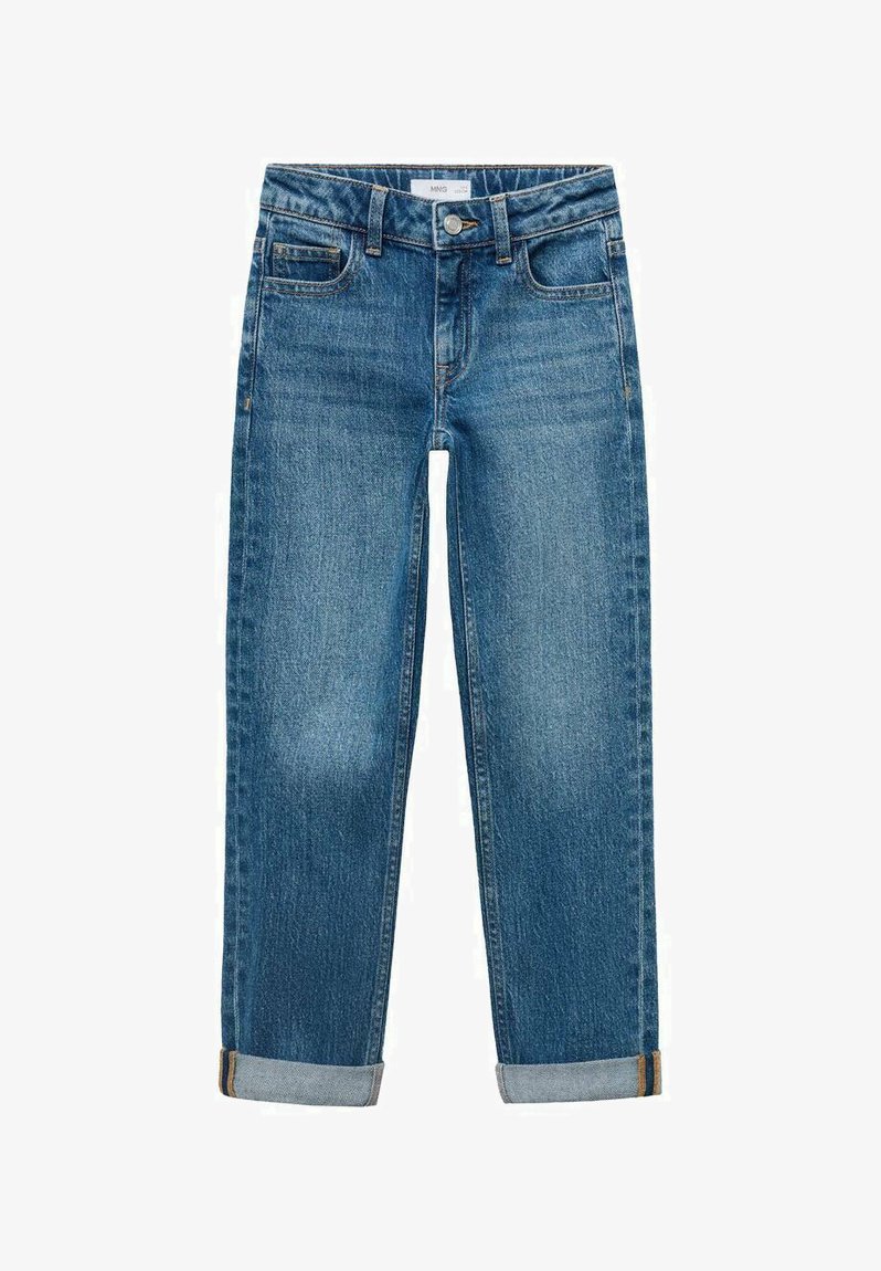 Světlé modré džíny z denimu se střihem rovného nohavice, ohrnutými manžetami, pěti kapsami a kontrastním prošíváním. Žádné viditelné opotřebení.