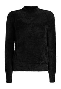 Pull en peluche noire à manches longues, col montant, texture duveteuse, ourlet et poignets côtelés. Design simple et uni.