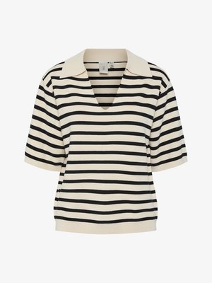 Kortermet, V-hals topp i krem med svarte horisontale striper. Har en strukturert krage og en avslappet passform. Mykt, strikket stoff.