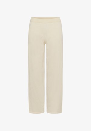 Pantalon beige à jambes droites avec taille élastique, sans poches visibles ni ornements, présenté sur un fond blanc.