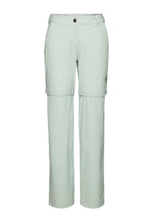 Light green convertible pants with two side pockets and a button closure. Features a logo patch on the side and smooth, lightweight fabric.