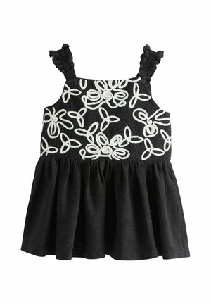 Čierne šaty bez rukávov s volánikovými ramienkami a bielymi vyšívanými kvetinovými vzormi na vrchnej časti, sukňa pod pásom s nariasením.