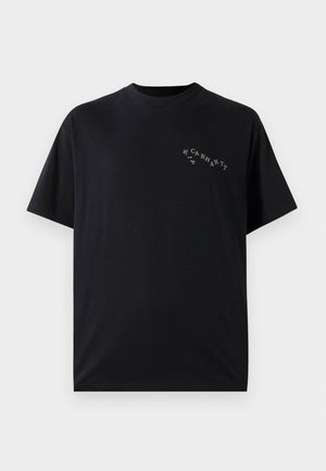 Black cotton t-shirt with a round neckline and short sleeves. Features a small, white Carhartt logo on the left chest area.