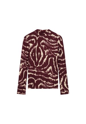 Langsleeve top met een maroon en crèmekleurig abstract patroon. Gemaakt van zachte stof met een aansluitend ontwerp en een hoge halslijn.