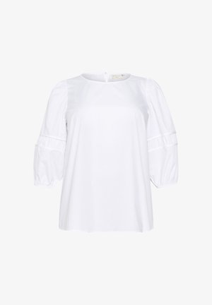 Valkoinen paita kevyestä kankaasta, jossa on pyöreä pääntie ja puffi-hihat, joissa on elastiset hihansuut ja hienovaraiset ompelusyyt.