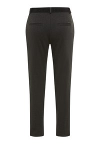 Dunkelgraue Hose mit glatter Textur, ausgestattet mit einem elastischen Bund mit "FEEL GOOD" Branding und zwei Gesäßtaschen. Figurbetonte Passform.