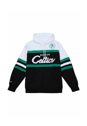 Hoodie der Boston Celtics mit weißen, grünen und schwarzen Farbfeldern, Teamlogo auf der Brust und vorderer Kängurutasche.