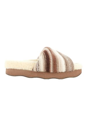 Chausson tricoté rayé marron et beige unique avec une doublure en polaire douce et une semelle rembourrée vu de côté.