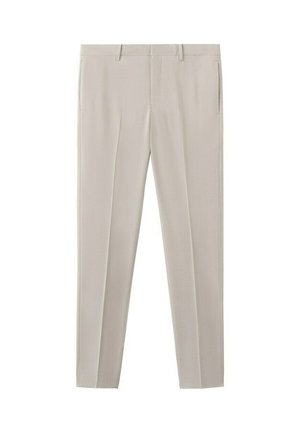 Pantaloni eleganti beige slim fit con piega frontale, passanti per cintura e chiusura frontale con zip nascosta.