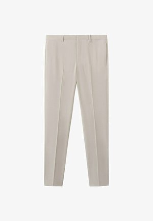 Pantaloni bej slim-fit cu pliuri frontale, găici pentru curea și închidere frontală cu fermoar ascuns.