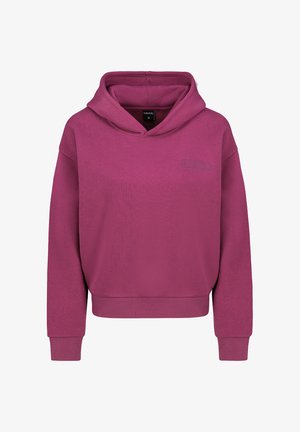 Fleece-Hoodie in Dunkelrosa mit klassischem Pullover-Design, gerippten Bündchen und einem kleinen Logodetail auf der Vorderseite. Weicher Stoff.