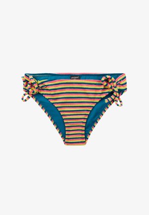 Damesbikini broekje met horizontale roze, gele en marineblauwe strepen, zijstrikjes en een klein "protest" label in het midden van de tailleband.