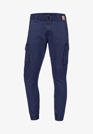 Pantaloni cargo blu navy con vestibilità affusolata, polsini elasticizzati, multiple tasche laterali, una cintura intrecciata e un elemento in pelle vicino all'orlo.