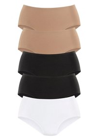Pak od pet bešavnih, visokih gaćica u bež, crnoj i bijeloj boji. Mekani dzersy materijal, elastične trake u struku i glatka završna obrada.