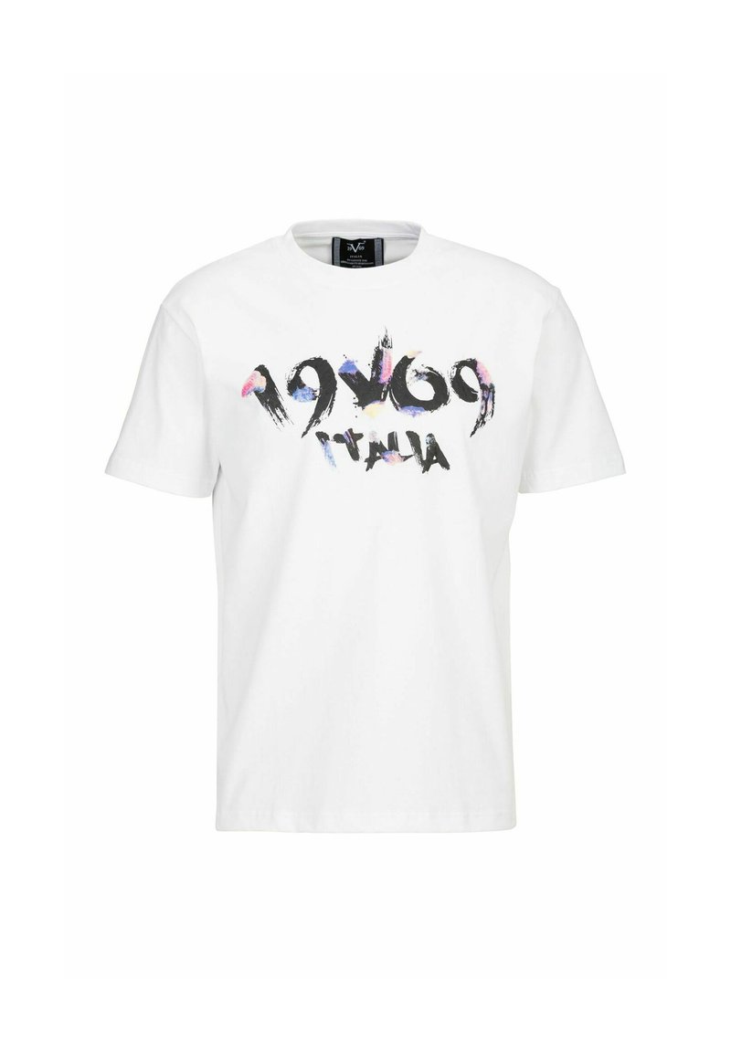 Witte katoenen t-shirt met een grafische print van "1969 Italia" in zwart en kleurrijke accenten. Klassieke ronde halslijn en korte mouwen.