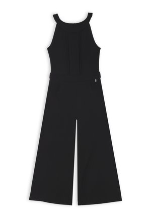 Tuta nera con bodice aderente, pantaloni ampi e scollatura alta. Presenta pieghe sottili e tasche laterali. Tessuto liscio ed elastico.