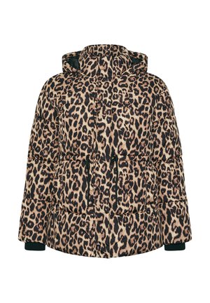 Giubbotto piumino con stampa leopardata e cappuccio, caratterizzato da un design trapuntato, polsini elasticizzati e due tasche frontali. Combinazione di colori nero e beige.