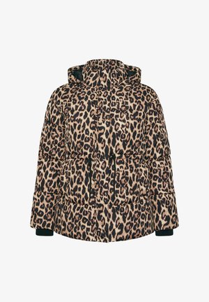 Giubbotto piumino con stampa leopardata e cappuccio, caratterizzato da un design trapuntato, polsini elasticizzati e due tasche frontali. Combinazione di colori nero e beige.