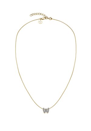 Złoty naszyjnik z delikatnym łańcuszkiem oraz srebrnym zawieszeniem w kształcie litery "W", ozdobionym przezroczystymi kamieniami szlachetnymi, z zapięciem typu homar oraz przedłużanym łańcuszkiem.