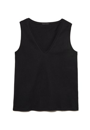 Top senza maniche nero con scollatura a V, realizzato in cotone morbido. Caratterizzato da una vestibilità leggermente ampia e cuciture semplici. Senza motivi o dettagli.