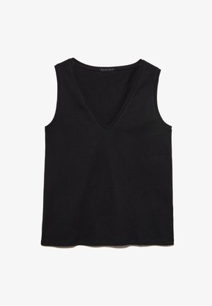 Top noir sans manches avec un décolleté en V, fabriqué en tissu en coton doux. Présente une coupe légèrement ample et des coutures basiques. Pas de motifs ni d'accents.