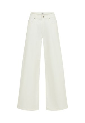 Pantalon blanc à taille haute et jambes larges, avec fermeture par boutons et zip, passants pour ceinture et poches avant.