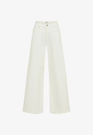 Pantaloni bianchi a vita alta con gamba larga, chiusura con bottone e zip, passanti per cintura e tasche frontali.
