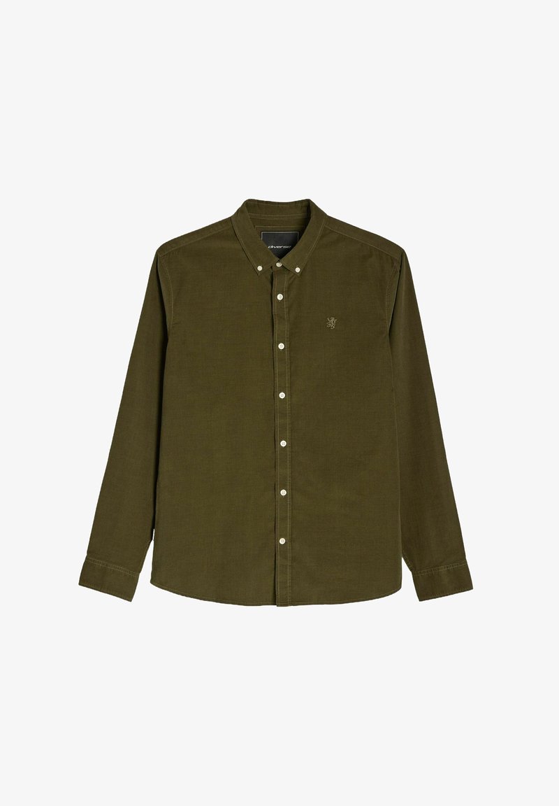 Zielonooliwkowa, długosleeve koszula z guzikami, wykonana z tkaniny o gładkiej fakturze, z małym haftowanym logo na piersi. Posiada białe guziki.