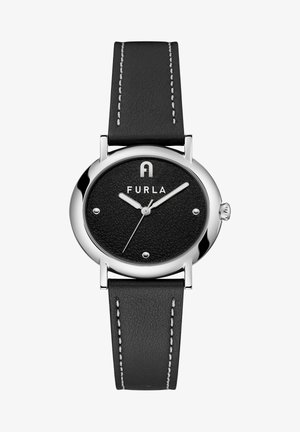 Ümmargune must nahk kell, millel on tekstureeritud kellaplaat, hõbedased käed ja kaubamärki "FURLA" esindav hõbesinine kiri. Must rihm valgete õmblustega detailide jaotiseks.