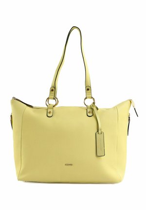 Sac cabas en cuir jaune avec doubles bretelles, anneaux dorés, fermeture éclair et étiquette de marque suspendue.