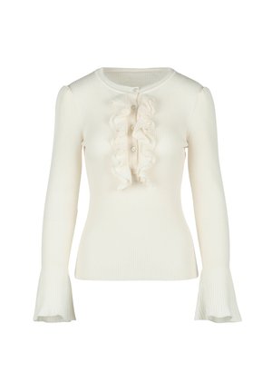 Pull blanc à manches longues côtelé avec un col rond, présentant une rangée verticale de boutons et un détail froncé à l'avant. Manches évasées au niveau des poignets.