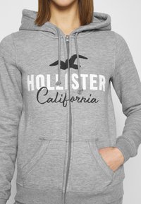 Grå zip-up hoodie med huva, med en svart fågellogo och vit text "HOLLISTER California." Har två framfickor och ribbade ärmslut.
