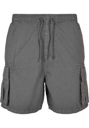 Shorts cargo gris en tissu léger, avec taille élastique à cordon de serrage et grandes poches latérales.