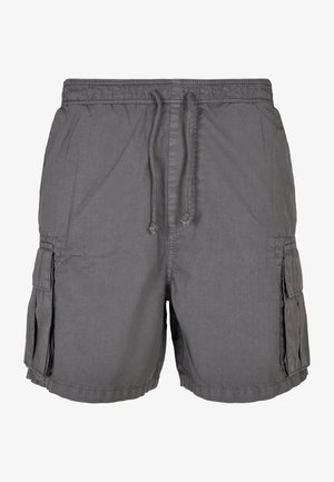 Grå cargo-shorts laget av lett materiale, med elastisk midjebånd og snor, samt store sidelommer.